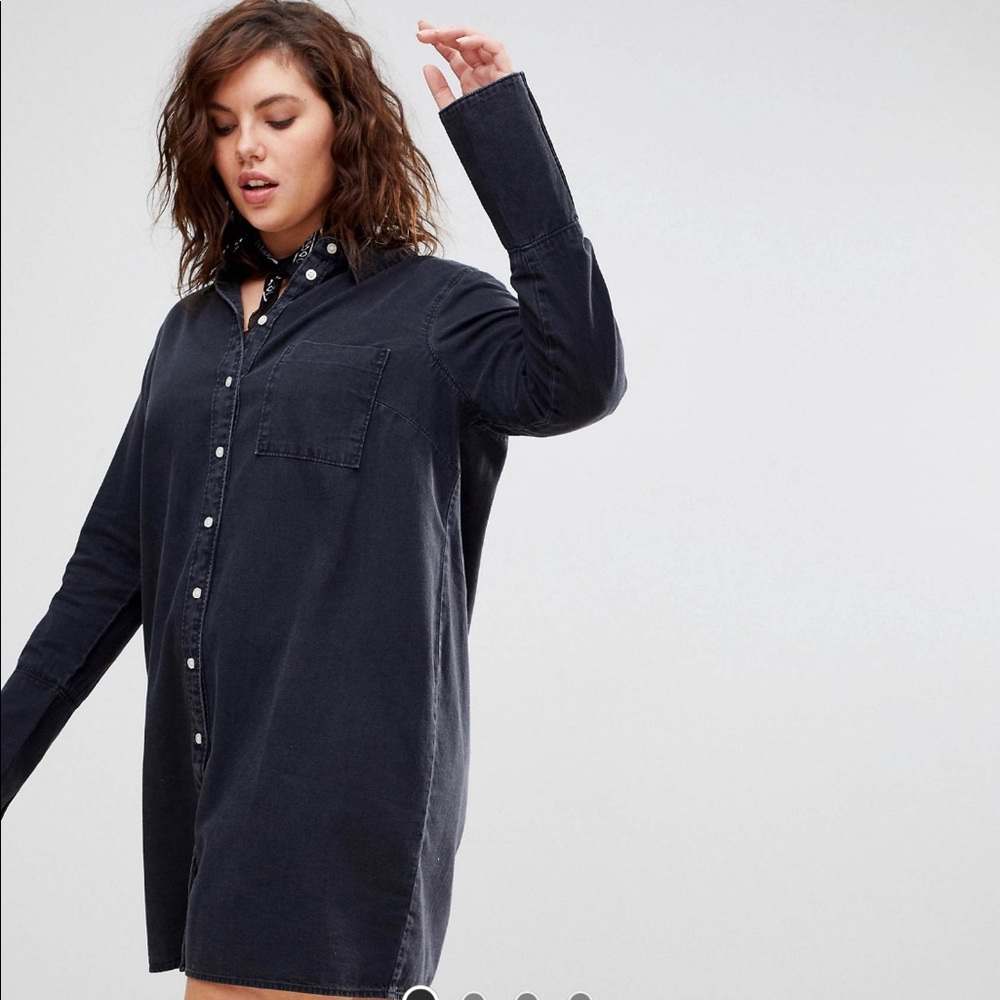 Black denim button up dress
